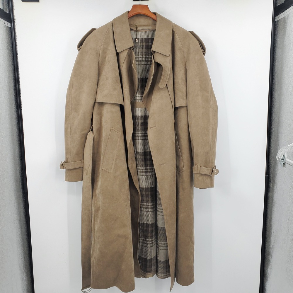 Vintage Neiman Marcus Alcantara Faux Suede Trench Coat Double Breast Tan Duster